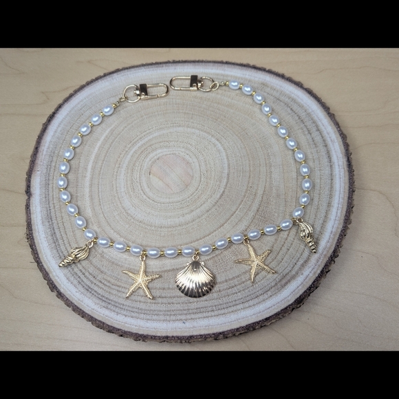 Seashell Starfish Purse Charm Chain Gold Tone Faux Pearl Bag Accessory Jewelry - Picture 5 of 6